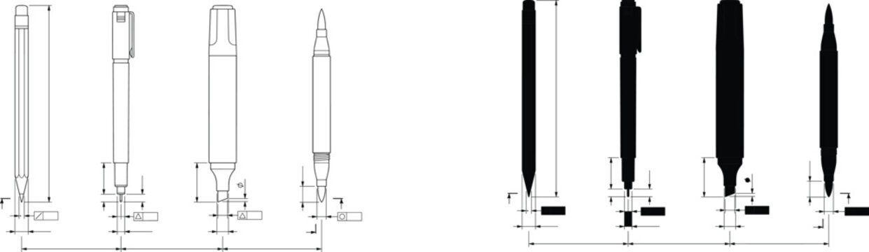 Set of technical drawings and vector silhouettes of various writing and drawing pens