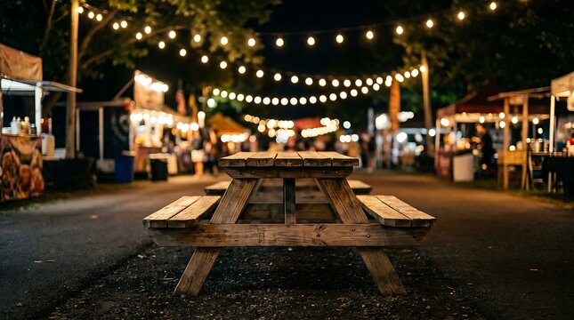Wooden picnic table at a night festival with glowing string lights