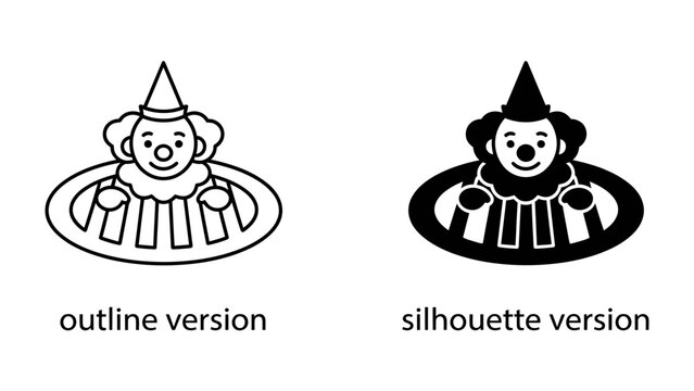 Clown Icon Comparison: Two styles of a playful clown illustration, presented in outline and silhouette, ready to bring joy to any project.