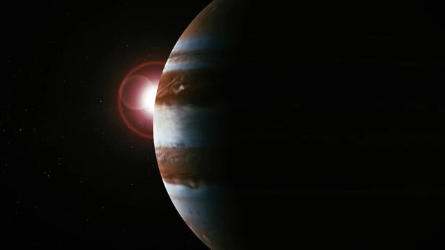 Giant striped planet in space with bright sun flare behind it and dark starry background