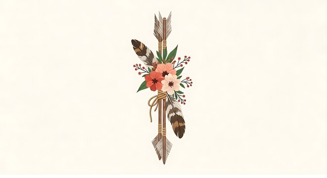 Boho arrow and flowers design with feathers and floral bouquet