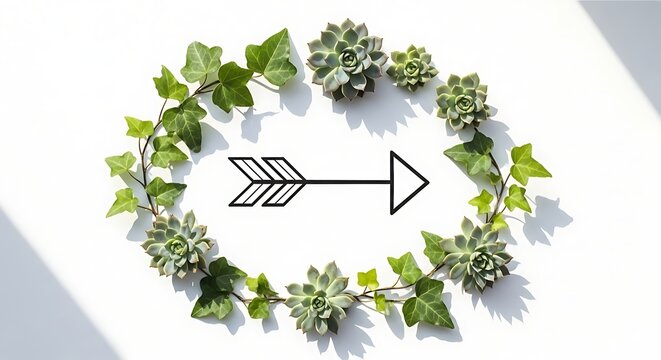 Minimalist Boho arrow and flowers wreath on white background