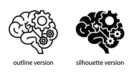 Brain and Gears Icons: Two stylized icons representing a human brain combined with interlocking gears, available in both outline and silhouette versions, symbolizing thought processes, mechanics. © mahfuz
