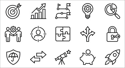 Fototapeta premium Collection Of Business Icons Line Style Featuring Targets Charts And Gears On White Background achievement