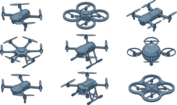 Modern drone icon isometric vector set showing quadcopter octocopter and aerial camera technology models isolated on white