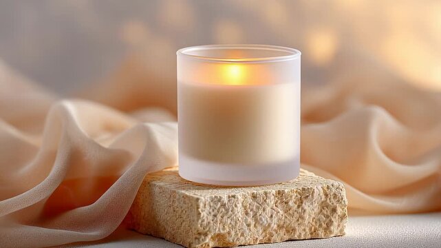 Elegant candle on stone with soft fabric background for cozy ambiance