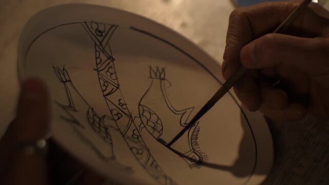 Potter Painting Decorative Pattern on Ceramic Plate, Close Up of Skilled Artisan Hand Painting Handmade Pottery with Fine Brush, Traditional Ceramic Craftsmanship in Workshop, Artistic Pottery.