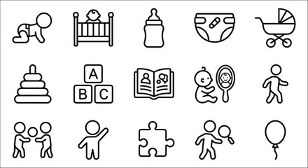 Fototapeta premium Baby related icons line style depicting childcare and early development concepts on a white background