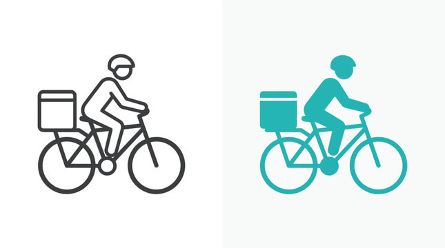 Delivery Cyclist Icon Set: Line Art and Teal Silhouette