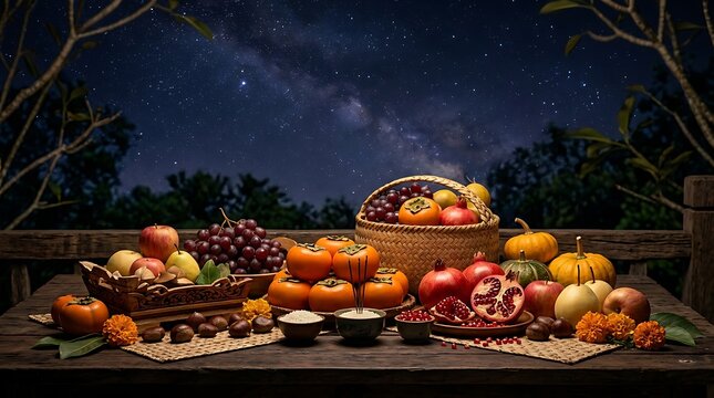 Harvest fruit offering on a wooden table under the starry night sky