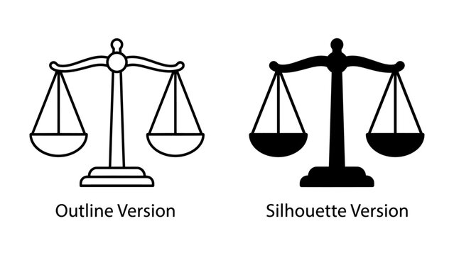 Scales of Justice Icon: Two graphic icons representing the scales of justice, one in outline and the other as a silhouette, symbolizing balance, fairness, and legal judgment.