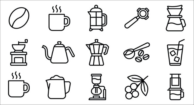 Coffee making Equipment Line Icons Set On White Background arabica bean beans beverage black brew