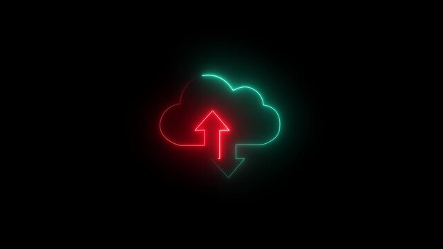 Neon green and red cloud icon with upload and download arrows on black background light glowing