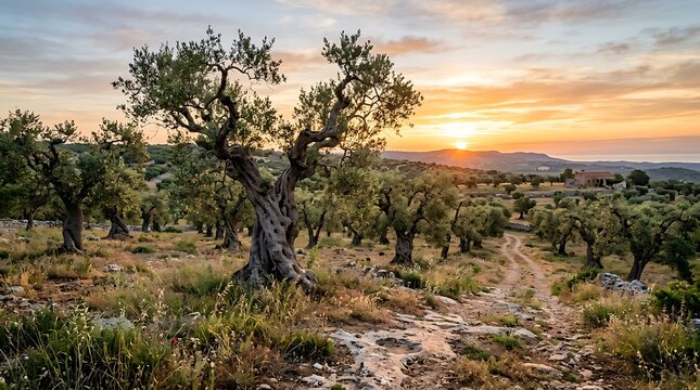 Olive tree in a field at sunset rural landscape with trees and hills olive grove olive orchard