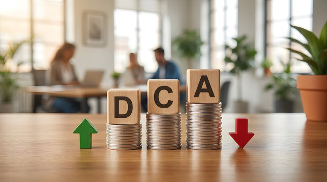 Dca letters on stacks of coins with green and red arrows in a modern office business meeting room