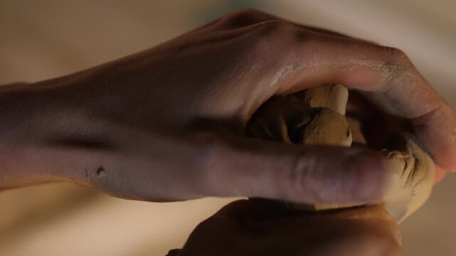 Clay Shaping with Hands, Close Up of Potter Working Process on Spinning Pottery Wheel, Traditional Ceramic Craftsmanship and Handmade Pot Creation in Artisan Workshop, Pottery.