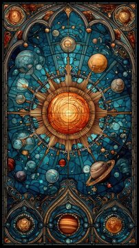 Stained-glass representation of our solar system, with planets orbiting the sun, against a deep blue