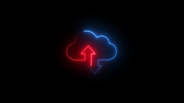 Neon blue and red cloud icon with upload and download arrows on black background light glowing