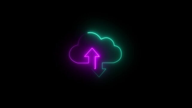 Neon green and purple cloud icon with upload and download arrows on black background light glowing