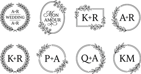 Fototapeta premium Elegant floral wedding monogram frames and laurel wreath set line art vector illustration isolated on white background