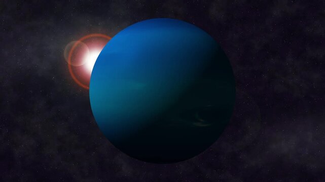 Blue planet floating in dark space with bright sun flare and starry background