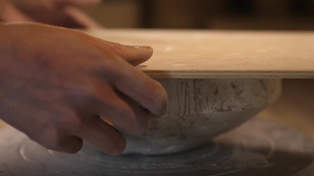 Potter Working with Clay, Traditional Clay Processing on Pottery Wheel, Skilled Artisan Creating Handmade Ceramic Pot in Workshop, Ceramic Production Process, Craftsmanship and Pottery Making Concept