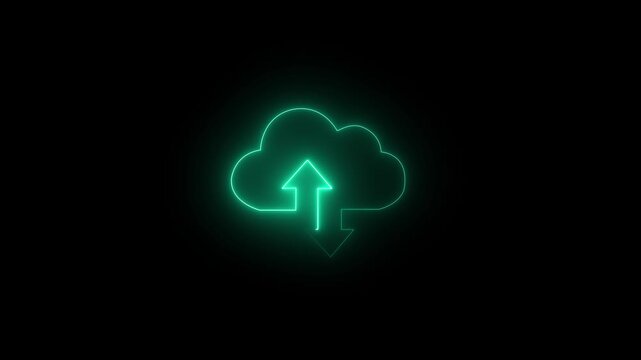 Teal Neon Cloud Upload Download Icon on Black Background image photo