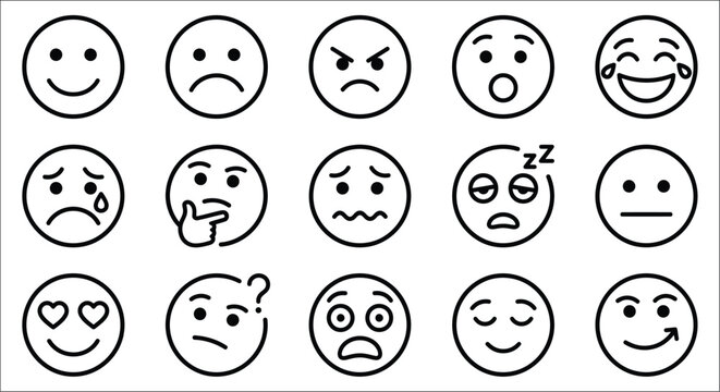 Collection Of Facial Expression Icons In Black And White Line Style On A White Background