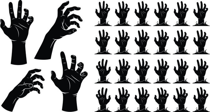 Creepy zombie hands rising from the ground and reaching out silhouette vector set Halloween horror concept isolated on white background