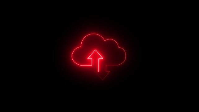 Red Neon Cloud Upload Download Icon on Black Background image photo