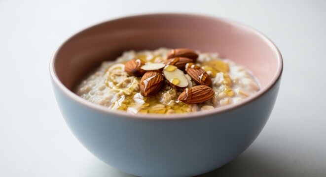A warm bowl of healthy oatmeal porridge topped with crunchy almonds and sweet golden honey for a nutritious breakfast