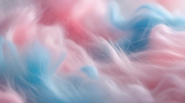 Soft pink and blue cotton candy fibers unravel and drift apart, delicate strands catching diffused light to create dreamy pastel motion with whimsical macro texture.