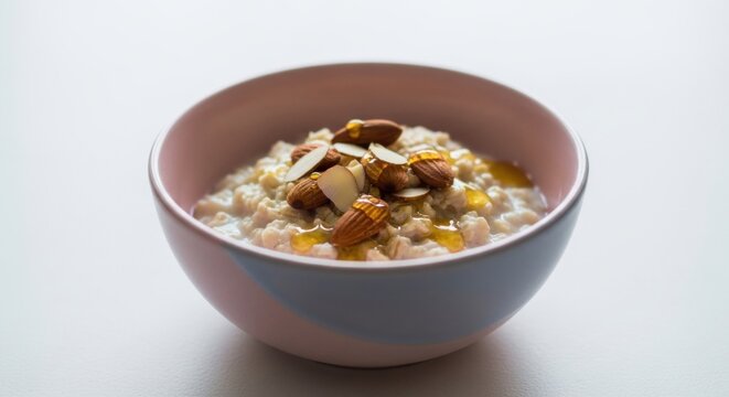 A warm bowl of healthy oatmeal porridge topped with crunchy almonds and sweet honey for a delicious and nutritious breakfast
