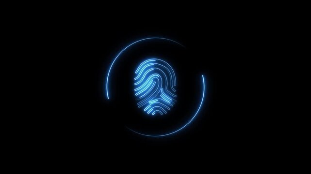 Biometric identity animation loops rotate glowing circular light paths near a blue fingerprint graphic. Advanced network firewall portals look incredibly crisp here.