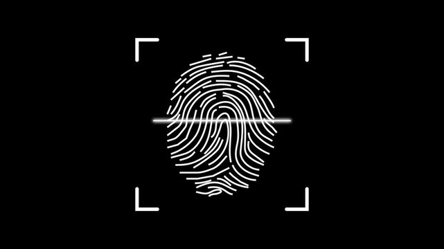 Biometric animation paths track a white fingerprint graphic inside scan line brackets. Corporate security facility entry videos gain high visual authority from this.