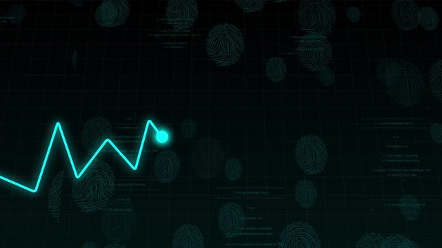 Data technology animation sheets overlay futuristic neon graph lines past fingerprint graphics. Financial banking authentication platforms look advanced over this mesh.