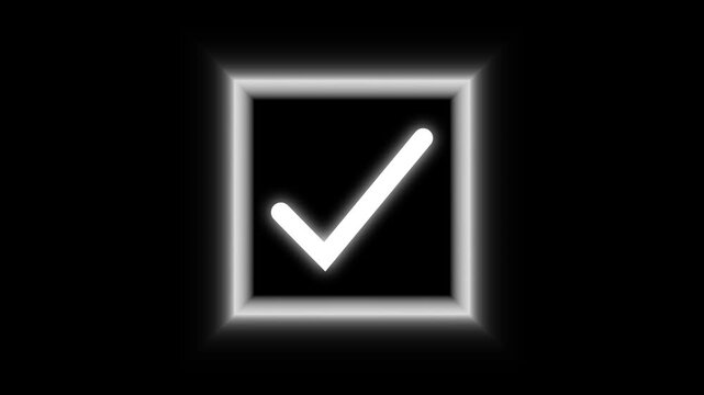 Tick correct animation outlines track a white neon check mark inside glowing frame borders. Secure authentication portals emphasize verified system processing neatly.