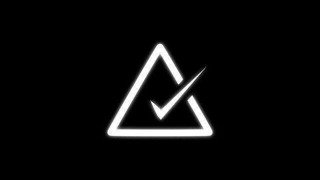 Tick correct animation vectors trace a white neon check mark inside triangle lines. Digital task completion monitoring software modules gain premium visual structure.