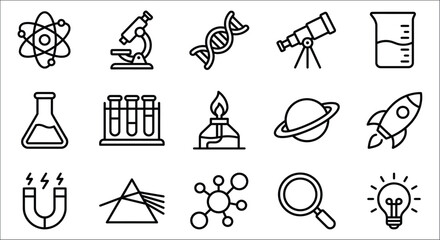 Science Icons Set Linear Style On White Background Depicting Various Laboratory Equipment And Concepts atom © Vactor media 