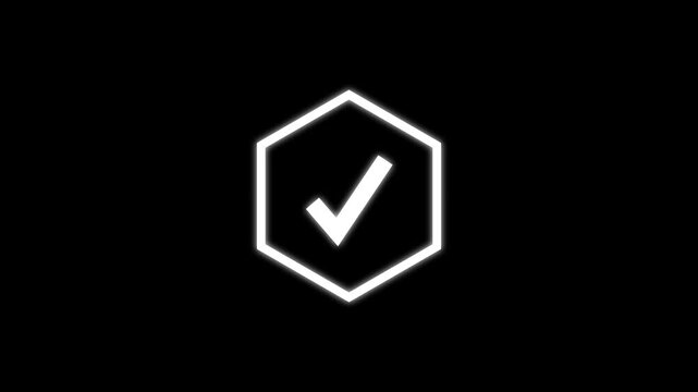 Tick symbol animation frames outline a white neon hexagon near an approved check mark graphic. Corporate quality assurance workflow apps map out data steps cleanly.