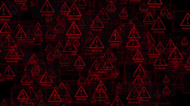 Danger error animation meshes compile a dense pattern of red warning triangles over dark tracks. Corporate cybersecurity awareness clips gain clear graphic weight.