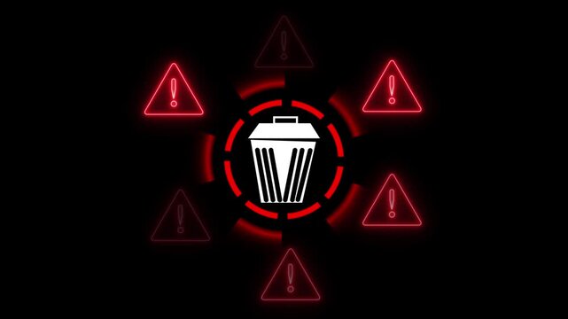 Alert danger animation vectors frame a white trash can graphic inside red warning triangles. Digital database file deletion workflows look highly organized here.