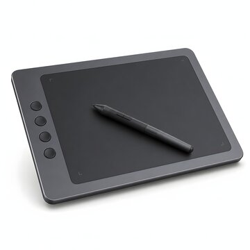 Dark grey digital graphics tablet with wireless stylus pen isolated on white background suitable for creative illustrator portfolio graphic design tutorial and digital art software ad.