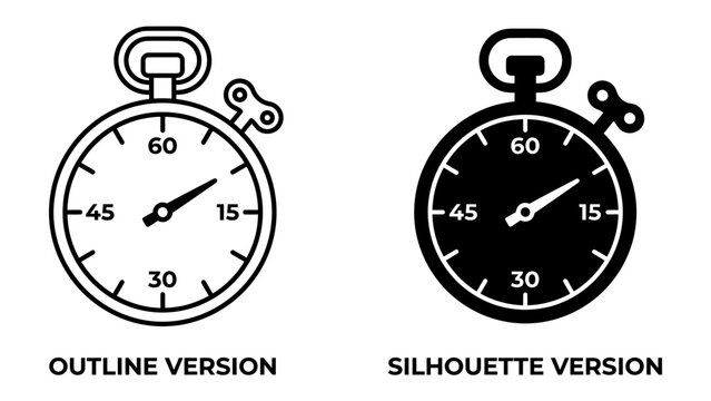Stopwatch Icon: A visual representation of timekeeping, showcasing both an outline and silhouette version of a classic stopwatch, symbolizing measurement and precision.