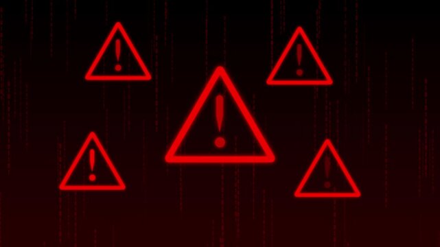 Alert danger animation matrices drop red warning triangles down falling binary matrix code streams. Cyberpunk science fiction movies acquire intense data drama here.