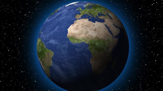 Space stars animation loops rotate a realistic Earth globe sphere past deep cosmos nebula clouds. Astronomy documentary production teams gain exceptional cinematic value.