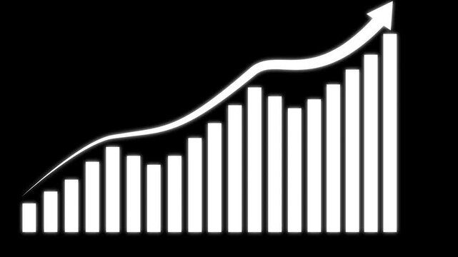 Chart statistics animation sheets track a white upward trending arrow past bar graph blocks. Corporate financial data analysis portals benefit from this charting tool.