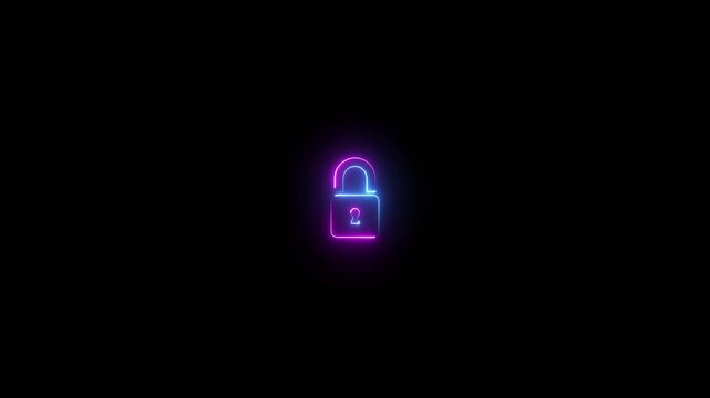 A dual-toned neon open padlock with blue and pink hues radiates light on a black background, symbolizing dynamic security, unlocked access, and modern digital connectivity. Keywords: lock, padlock