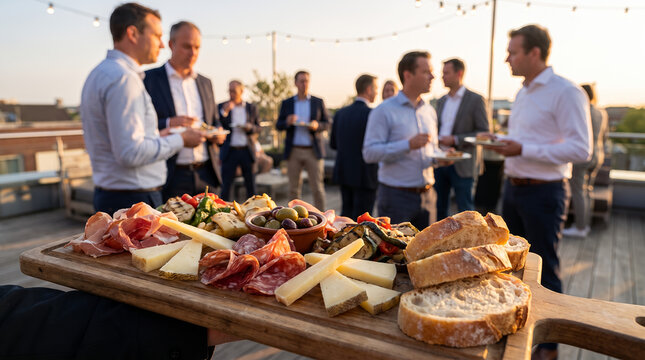 Business people networking outdoors at catering event with platter  