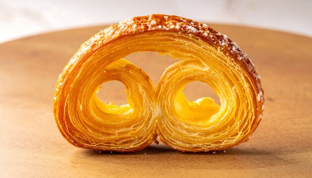 Close up of a sweet French palmier cookie, elephant ear pastry with sugar topping on wooden